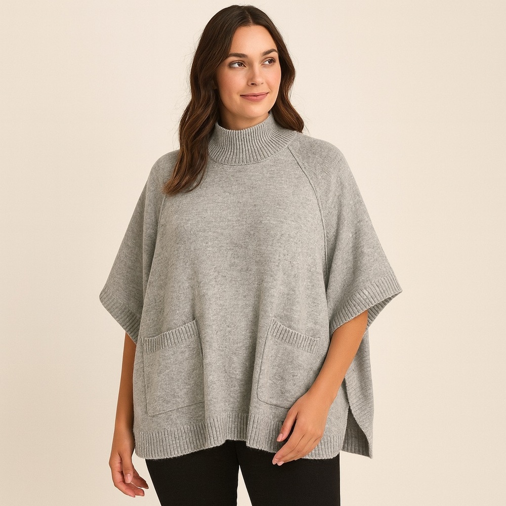 Echo NEW Gray Wool Blend Cocoon Poncho with Pockets‎ Sustainable Pullover Knit